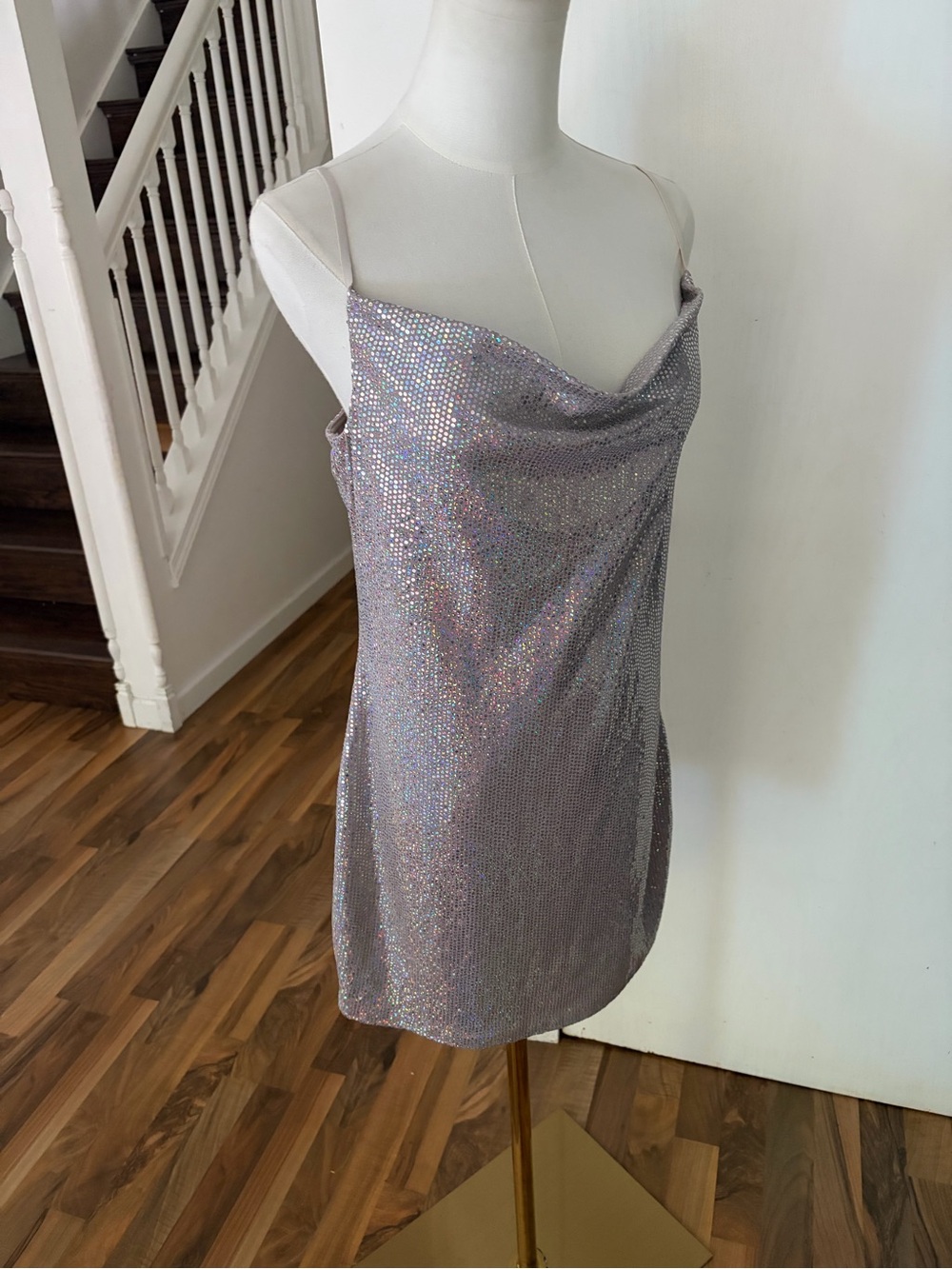 Y2K Glittery Sequin Cowl Neck Mini Party Dress, XL, NWT Fairy, Off Duty Model